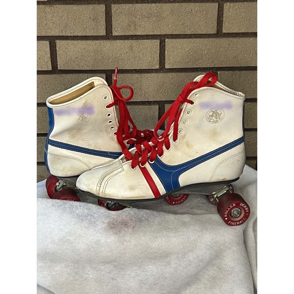 Vintage Roller Derby Fireball Skates White Blue Red Laces Size 8 Unisex